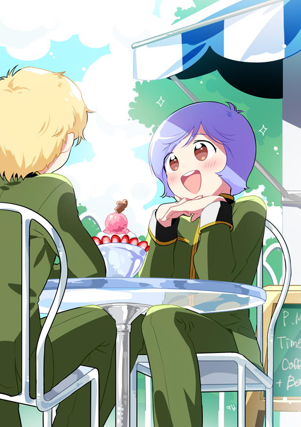 2boys :d artist_name awning bad_perspective blonde_hair blue_eyes blue_sky blush bowl brown_eyes bush cafe chair char_aznable clouds cloudy_sky elbow_rest elbows_on_table food fruit garma_zabi green_jacket green_pants gundam head_rest high_collar ice_cream jacket long_sleeves looking_at_another male_focus menu_board mobile_suit_gundam_the_origin multiple_boys open_mouth outdoors p.kibi pants purple_hair short_hair signature sitting sky smile sparkle strawberry strawberry_slice table teeth upper_teeth_only