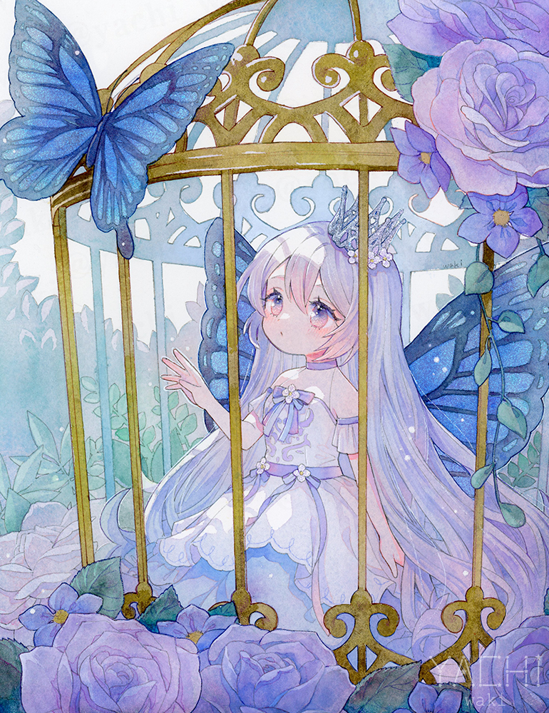 1girl birdcage blue_bow blue_butterfly blue_ribbon bow bug butterfly butterfly_wings cage crown detached_sleeves double-parted_bangs dress dress_bow dress_flower feet_out_of_frame flower hair_between_eyes in_cage layered_dress leaf long_hair looking_at_animal looking_up multicolored_eyes original painting_(medium) pink_eyes plant puckered_lips purple_flower purple_rose ribbon rose short_sleeves sleeveless sleeveless_dress solo tilted_headwear traditional_media vines violet_eyes waist_ribbon watercolor_(medium) white_background white_dress white_hair wings yachi_waki