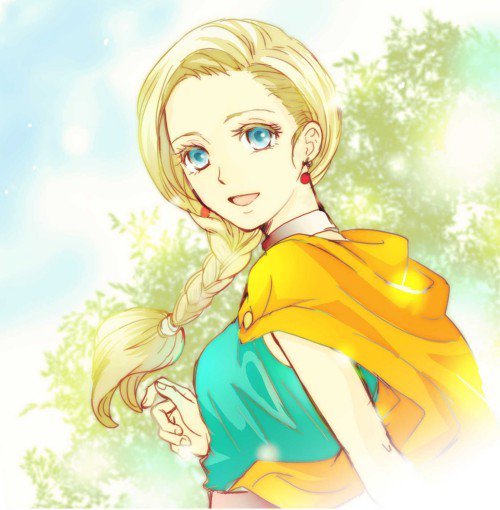 1girl belt bianca_(dq5) blonde_hair blue_eyes blue_sky blurry blurry_background braid breasts cape clouds cloudy_sky commentary_request day dragon_quest dragon_quest_v dress earrings eyelashes floating_hair from_side green_dress hair_behind_ear jewelry long_hair looking_at_viewer looking_back looking_to_the_side medium_breasts neck_ring open_mouth orange_cape outdoors single_braid sky sleeveless sleeveless_dress solo sunlight swept_bangs tree upper_body usachu_now