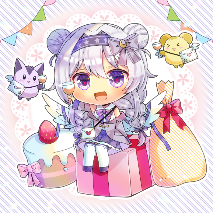 &gt;_&lt; 1girl :d bare_shoulders bow box chibi closed_eyes collared_shirt commentary_request crescent cup diagonal_stripes double_bun drinking_glass elia_stellaria envelope feathered_wings flower food fruit gift gift_bag gift_box grey_bow grey_hair grey_jacket hair_between_eyes hair_bow hair_bun hairband holding holding_cup jacket kou_hiyoyo low_wings over-kneehighs pennant pleated_skirt purple_bow purple_flower purple_hairband purple_skirt red_bow shirt shoes sitting skirt sleeveless sleeveless_shirt smile star_(symbol) strawberry string_of_flags striped striped_background thigh-highs v-dere violet_eyes virtual_youtuber white_shirt white_thighhighs white_wings wine_glass wings xd