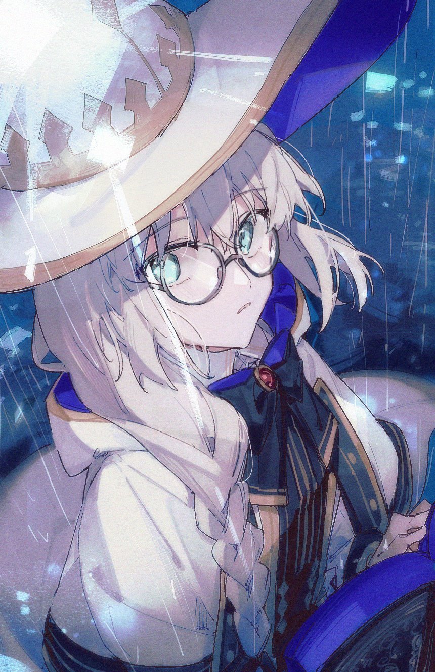 1girl aqua_eyes black_bow black_bowtie book bow bowtie braid braided_ponytail capelet commentary_request fate/grand_order fate_(series) glasses gold_trim grey_hair hair_between_eyes hat highres holding holding_book hood hood_down hooded_capelet large_hat long_hair looking_at_viewer rain round_eyewear s95156 solo tonelico_(fate) very_long_hair white_capelet white_headwear witch_hat