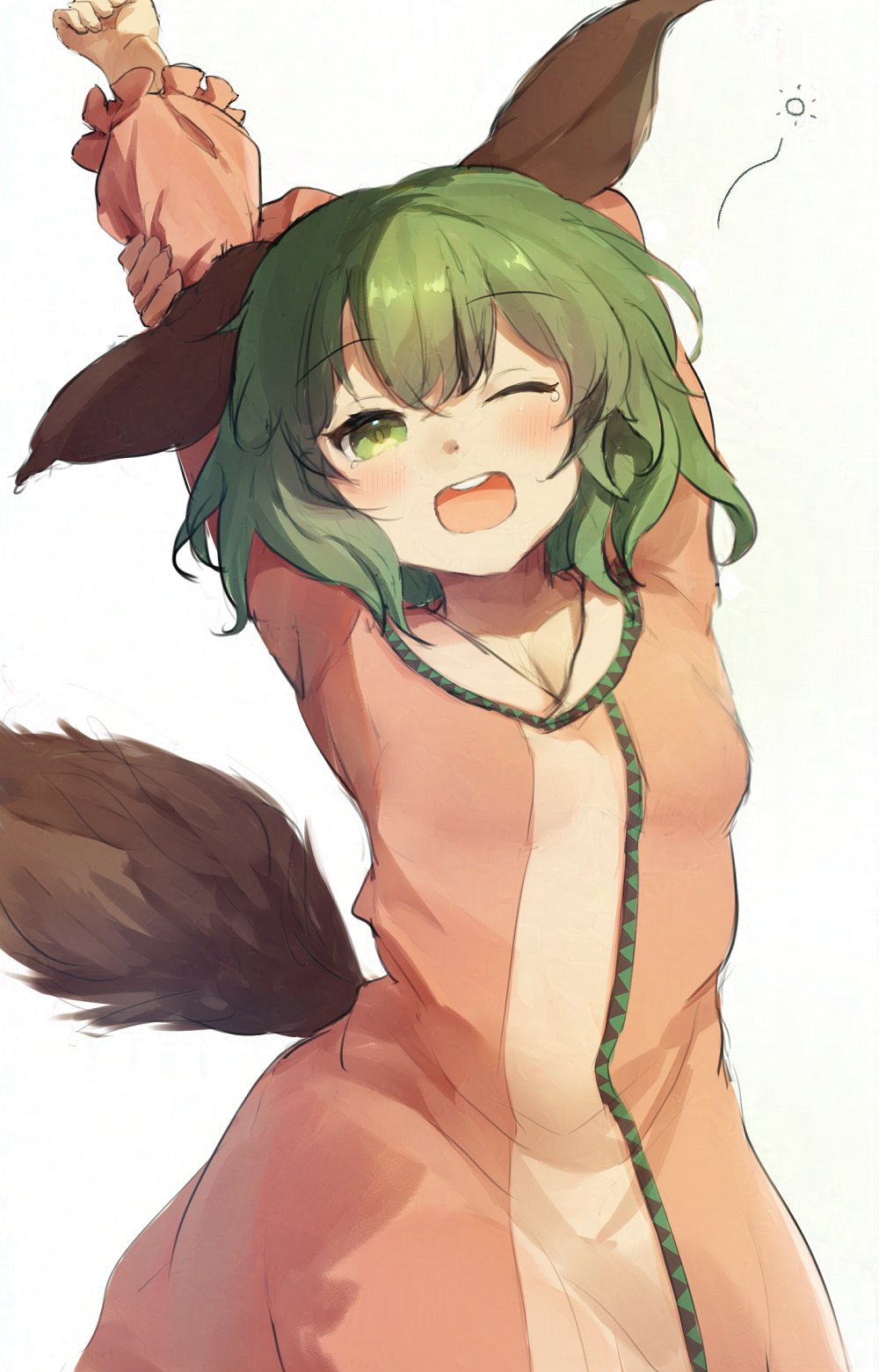 1girl animal_ears ar_(maeus) arm_up commentary_request dog_ears dog_tail dress green_eyes green_hair highres kasodani_kyouko long_sleeves looking_at_viewer one_eye_closed pink_dress short_hair simple_background solo stretching tail teeth touhou upper_teeth_only white_background