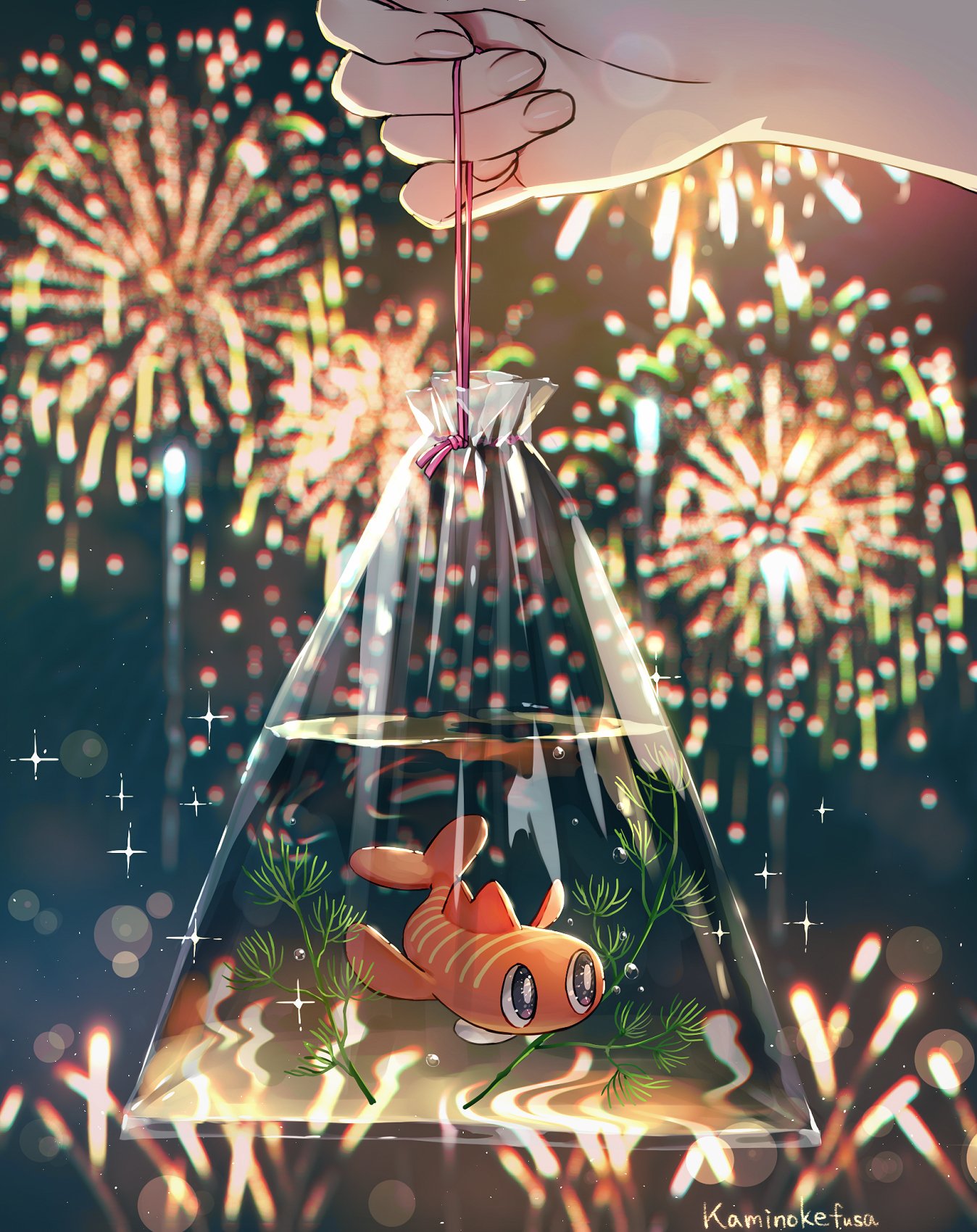 1other aerial_fireworks alternate_color artist_name bag bagged_fish blurry blurry_background bright_pupils brown_eyes commentary_request fireworks fish highres kaminokefusa lens_flare night night_sky outdoors pokemon pokemon_(creature) seaweed shiny_pokemon sky solo_focus sparkle submerged tatsugiri tatsugiri_(stretchy) water white_pupils