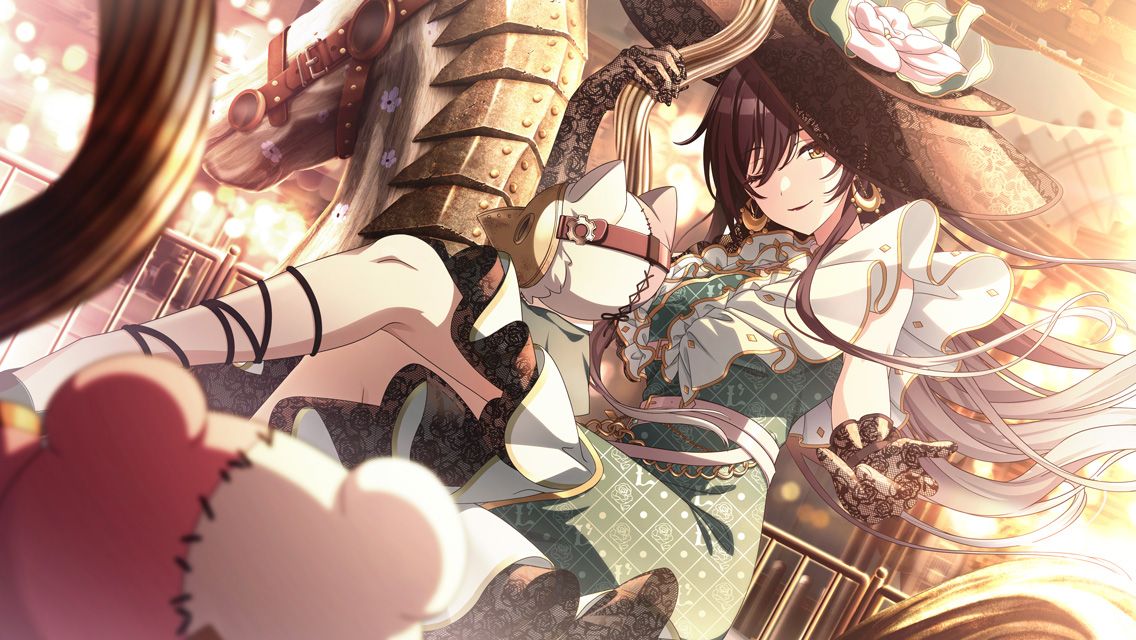 1girl asymmetrical_gloves belt black_lips blurry blurry_foreground bokeh brown_hair carousel commentary depth_of_field dress dutch_angle earrings elbow_gloves feet_out_of_frame frilled_dress frilled_gloves frilled_sleeves frills game_cg gloves gold_trim green_dress hat idolmaster idolmaster_shiny_colors jewelry lace lace-trimmed_dress lace-trimmed_headwear lace_gloves lace_trim long_dress long_hair looking_at_viewer multiple_belts official_art one_eye_closed outdoors outstretched_hand plague_doctor_mask print_dress reaching reaching_towards_viewer shin_strap shirase_sakuya single_elbow_glove sitting smile solo stuffed_animal stuffed_toy unmoving_pattern white_belt yellow_eyes