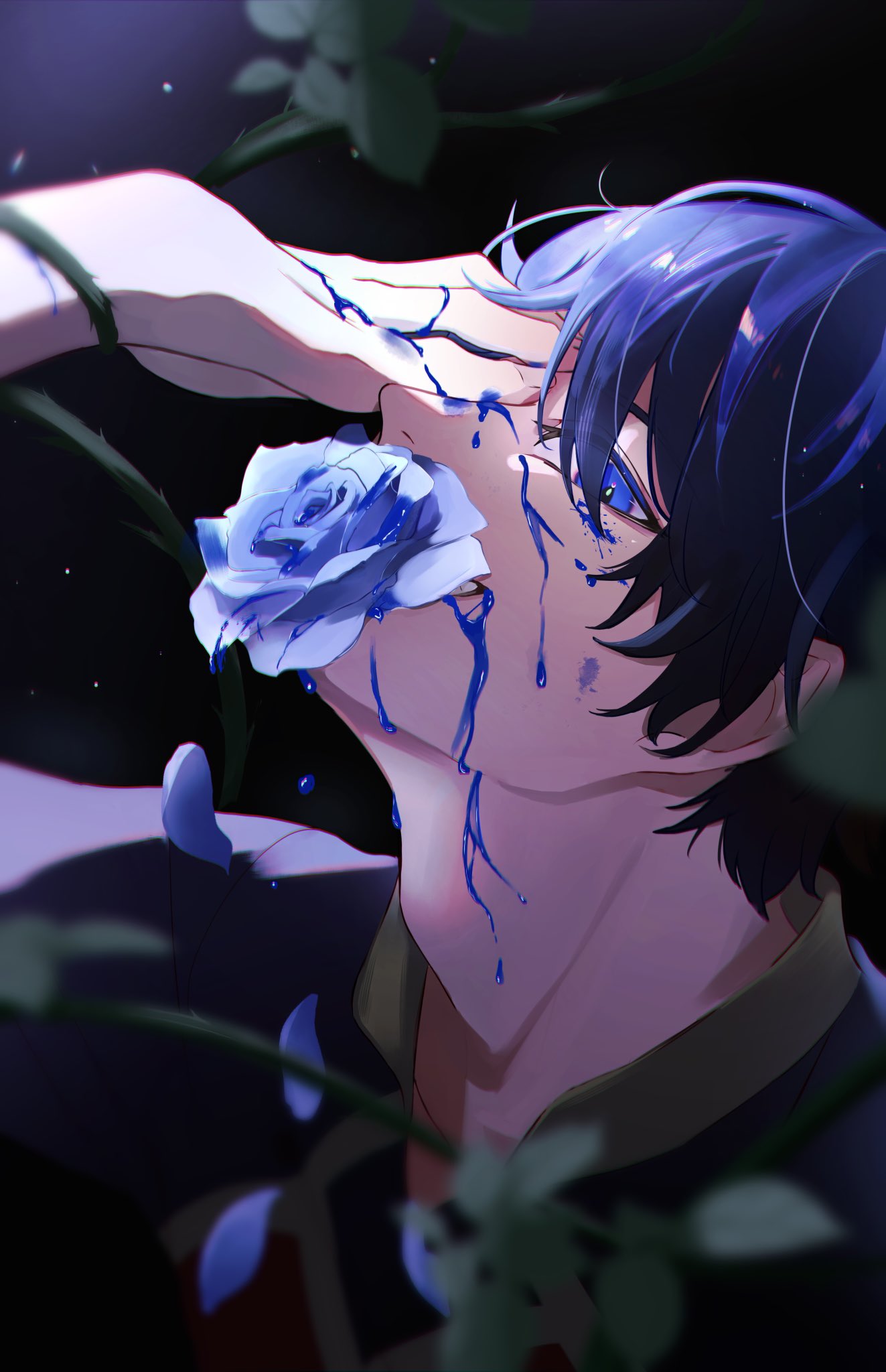 1boy an_netsu blue_eyes blue_flower blue_hair blue_lock blue_rose commentary_request flower hand_on_own_face hand_up highres isagi_yoichi leaf looking_at_viewer male_focus paint petals plant rose short_hair sideways_glance solo vines