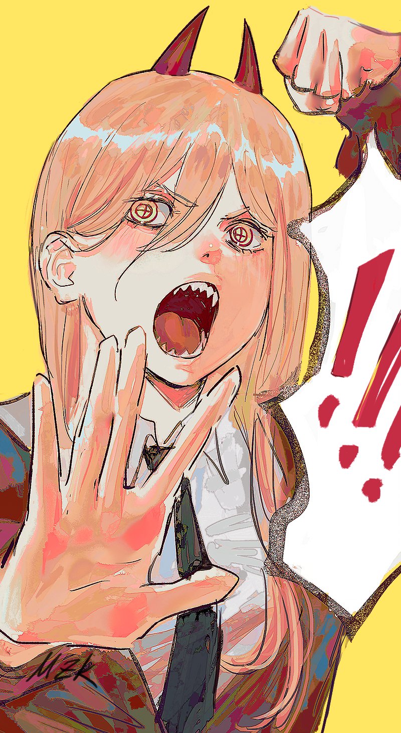 1girl arm_up black_necktie blonde_hair chainsaw_man collared_shirt cross-shaped_pupils hair_between_eyes highres hood hoodie horns long_hair looking_at_viewer necktie open_mouth power_(chainsaw_man) red_hoodie red_horns sharp_teeth shirt simple_background solo symbol-shaped_pupils teeth white_shirt yellow_background yellow_eyes zemzk