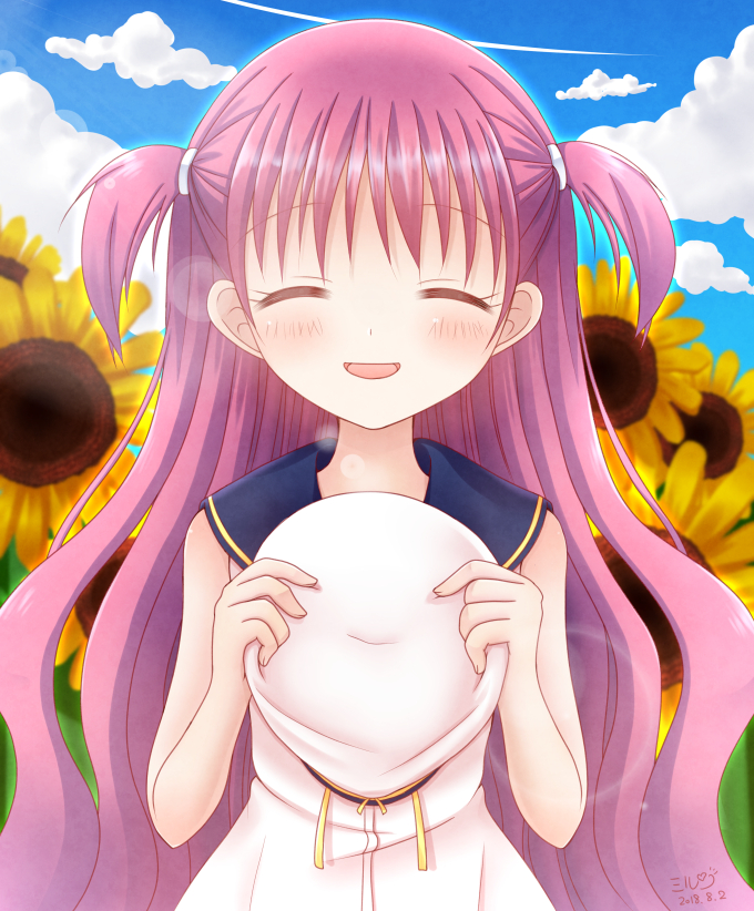 1girl 2018 :d ^_^ bare_arms blue_eyes blue_sailor_collar blush closed_eyes clouds commentary_request dated day dress eyelashes facing_viewer female_child flower hair_between_eyes happy hat holding holding_clothes holding_hat katou_umi lens_flare long_hair mirun_(funimani) open_mouth outdoors partial_commentary purple_hair sailor_collar sailor_dress sailor_hat signature smile solo straight-on summer_pockets sunflower two_side_up very_long_hair white_dress white_headwear