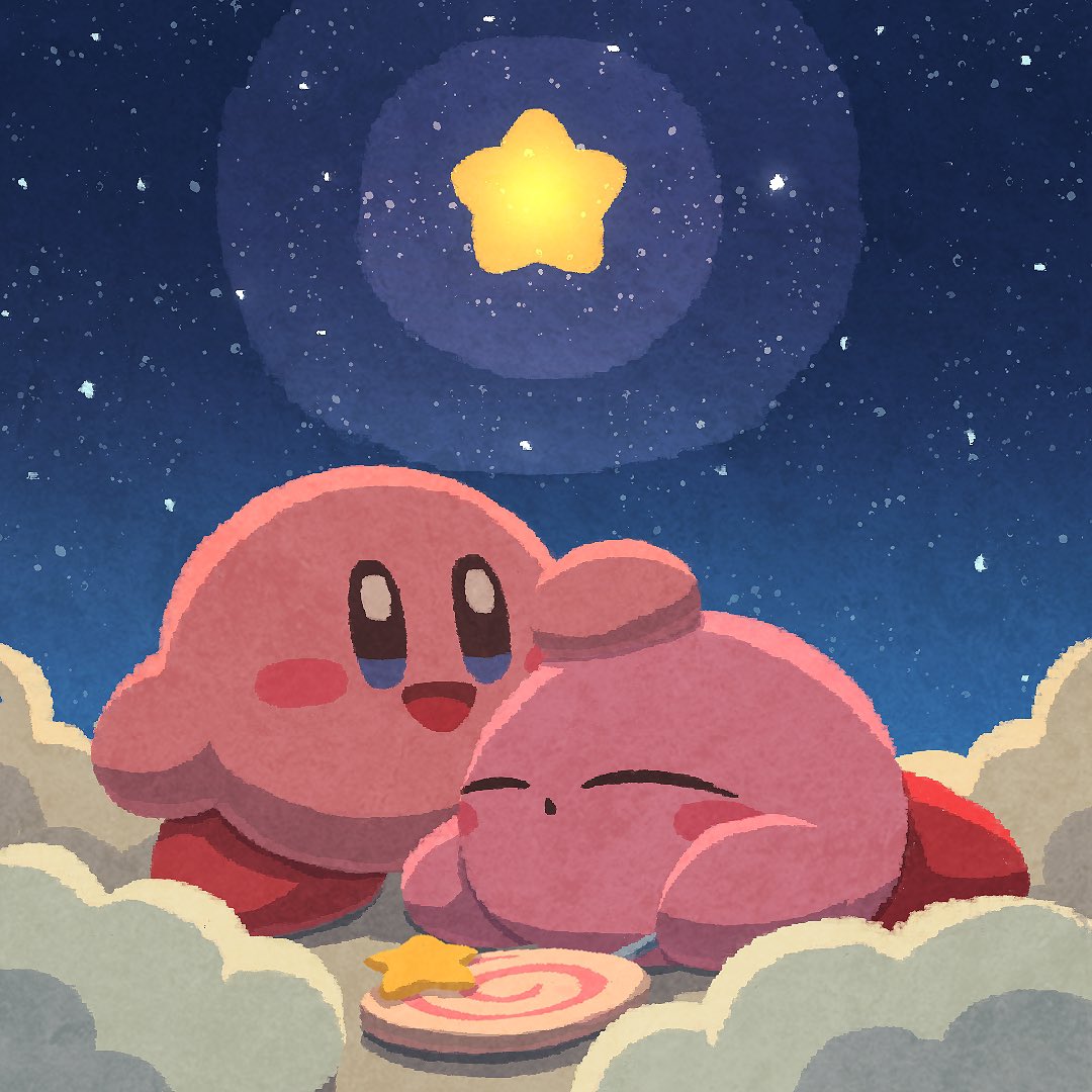 :d :o blue_eyes blush blush_stickers candy closed_eyes closed_mouth clouds commentary_request dual_persona food hand_on_another's_head holding holding_candy holding_food holding_lollipop invincible_candy kirby kirby_(series) lollipop lying miclot night night_sky no_humans on_cloud on_stomach open_mouth sky smile star_(sky) star_(symbol) starry_sky swirl_lollipop