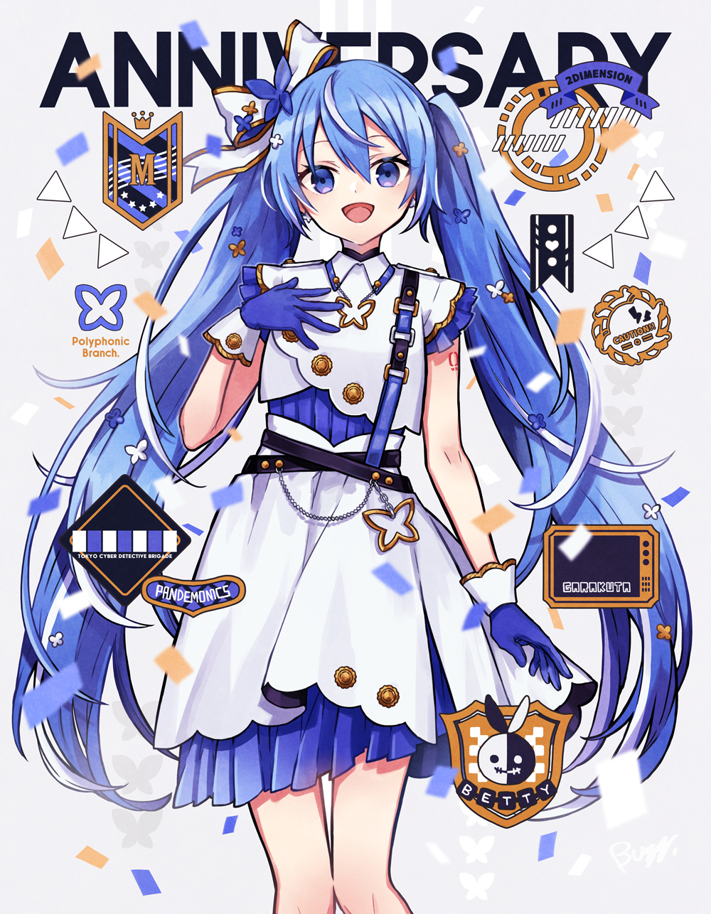 1girl :d blue_dress blue_eyes blue_gloves blue_hair bow butterfly_hair_ornament buzz commentary_request dress gloves grey_background hair_between_eyes hair_bow hair_ornament hand_up hatsune_miku highres long_hair looking_at_viewer multicolored_hair shirt simple_background skirt smile solo streaked_hair twintails very_long_hair vocaloid white_bow white_hair white_shirt white_skirt