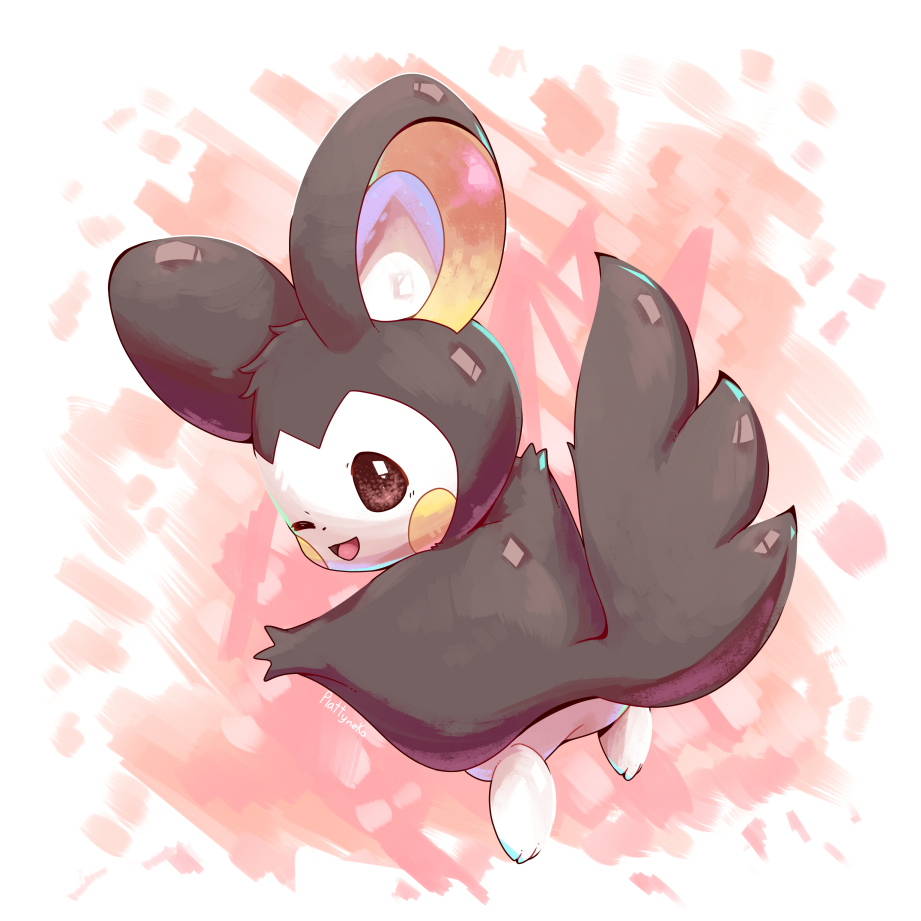 emolga facing_away full_body looking_at_viewer looking_back nevedoodle no_humans one_eye_closed open_mouth pokemon pokemon_(creature) solo