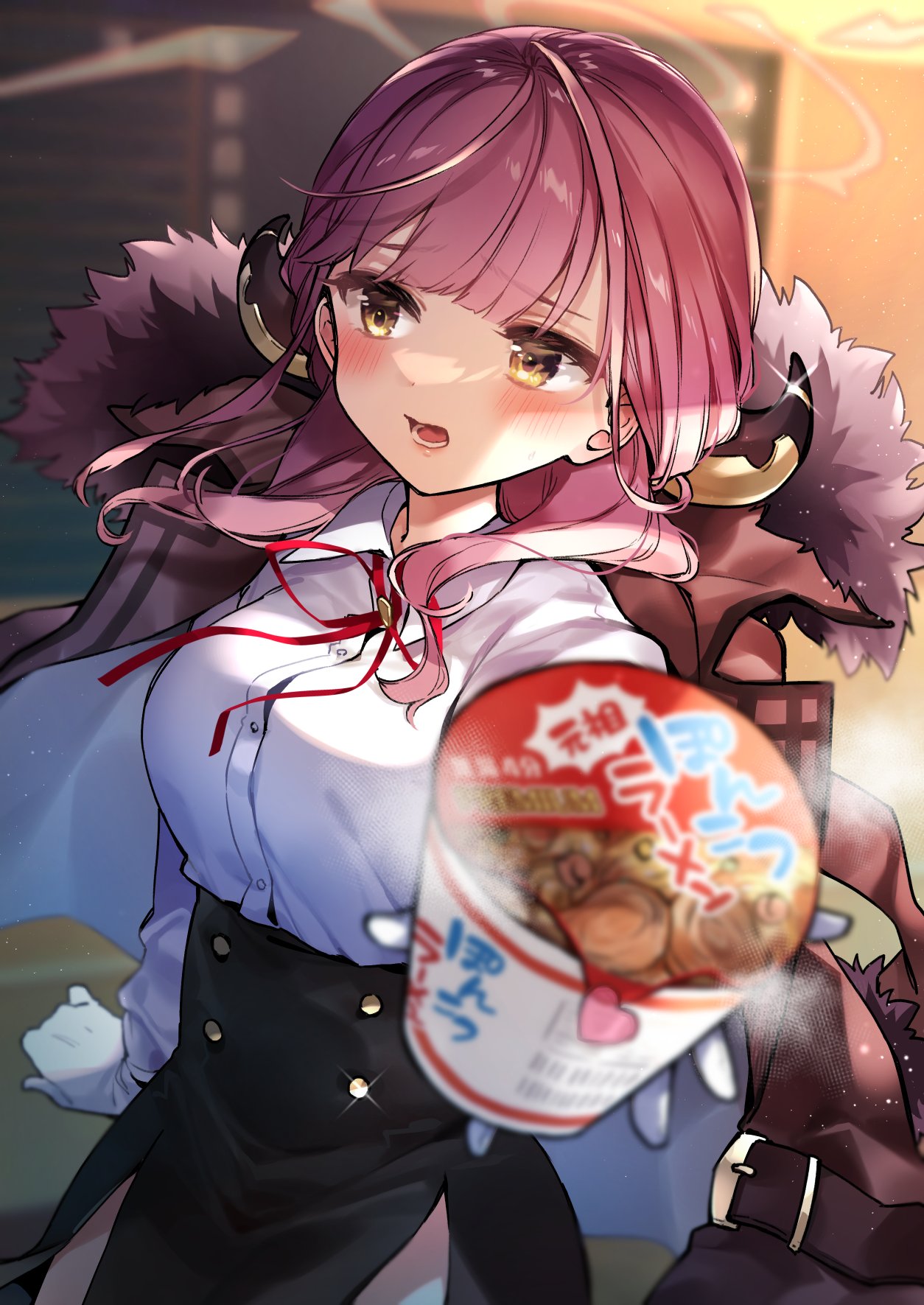 1girl aru_(blue_archive) black_skirt blue_archive blurry blurry_foreground blush breasts coat coat_on_shoulders collared_shirt food fur-trimmed_coat fur_trim gloves high-waist_skirt highres holding holding_food horns kurihara_sakura long_hair long_sleeves looking_at_viewer looking_to_the_side neck_ribbon open_mouth orange_eyes ramen red_coat red_ribbon redhead ribbon shirt skirt solo sparkle sweat white_gloves white_shirt