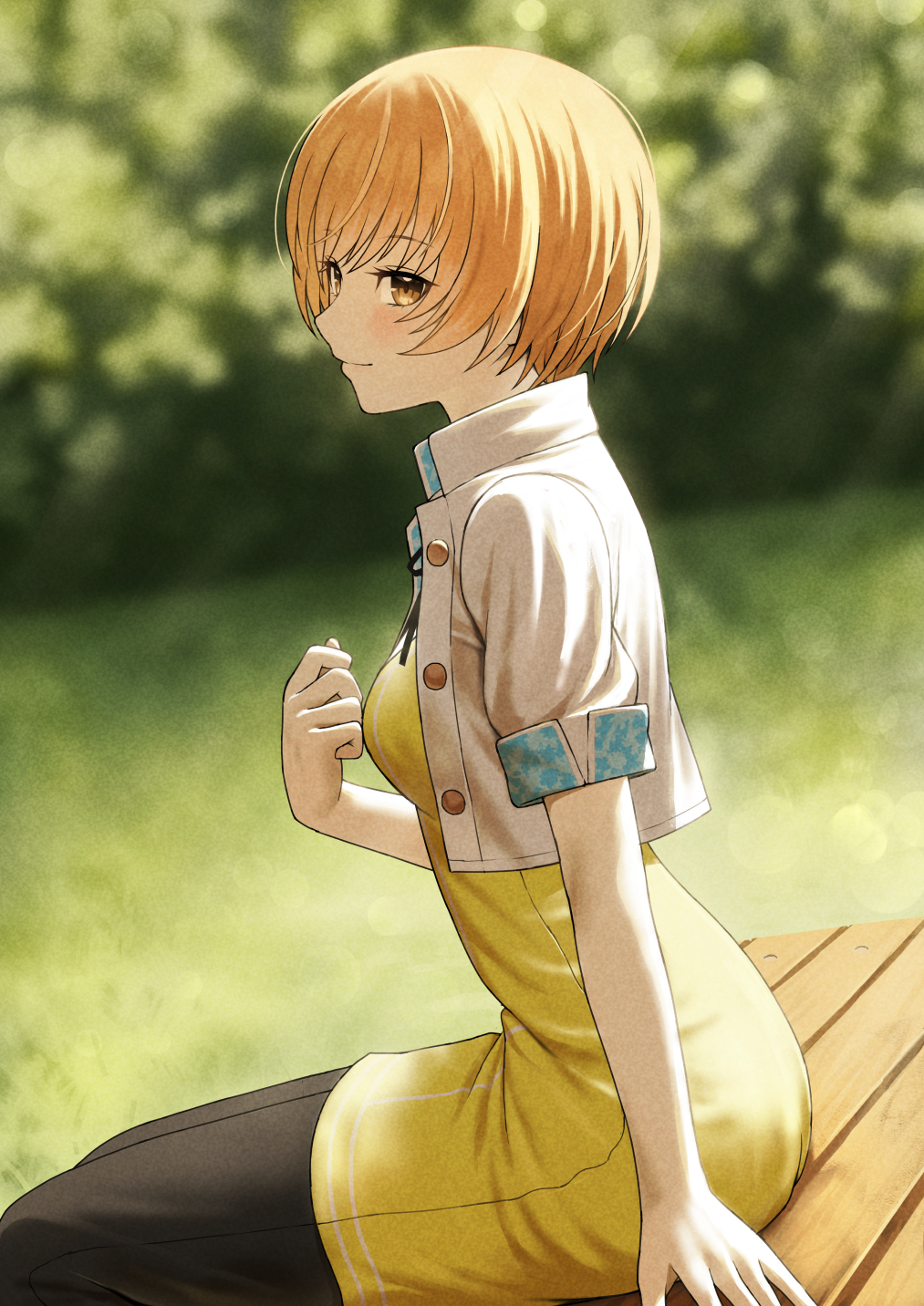 1girl blurry blurry_background breasts brown_eyes closed_mouth cropped_jacket day depth_of_field dress fagi_(kakikaki) highres jacket looking_at_viewer looking_to_the_side open_clothes open_jacket orange_hair outdoors persona persona_4 satonaka_chie short_hair short_sleeves sitting small_breasts smile solo sunlight unbuttoned white_jacket yellow_dress