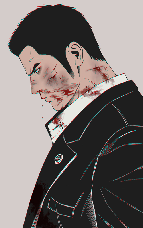 1boy blood blood_on_face character_request from_side frown genandnak long_sideburns looking_ahead male_focus nosebleed profile ryu_ga_gotoku ryuu_ga_gotoku_(series) short_hair sideburns solo thick_eyebrows upper_body yakuza