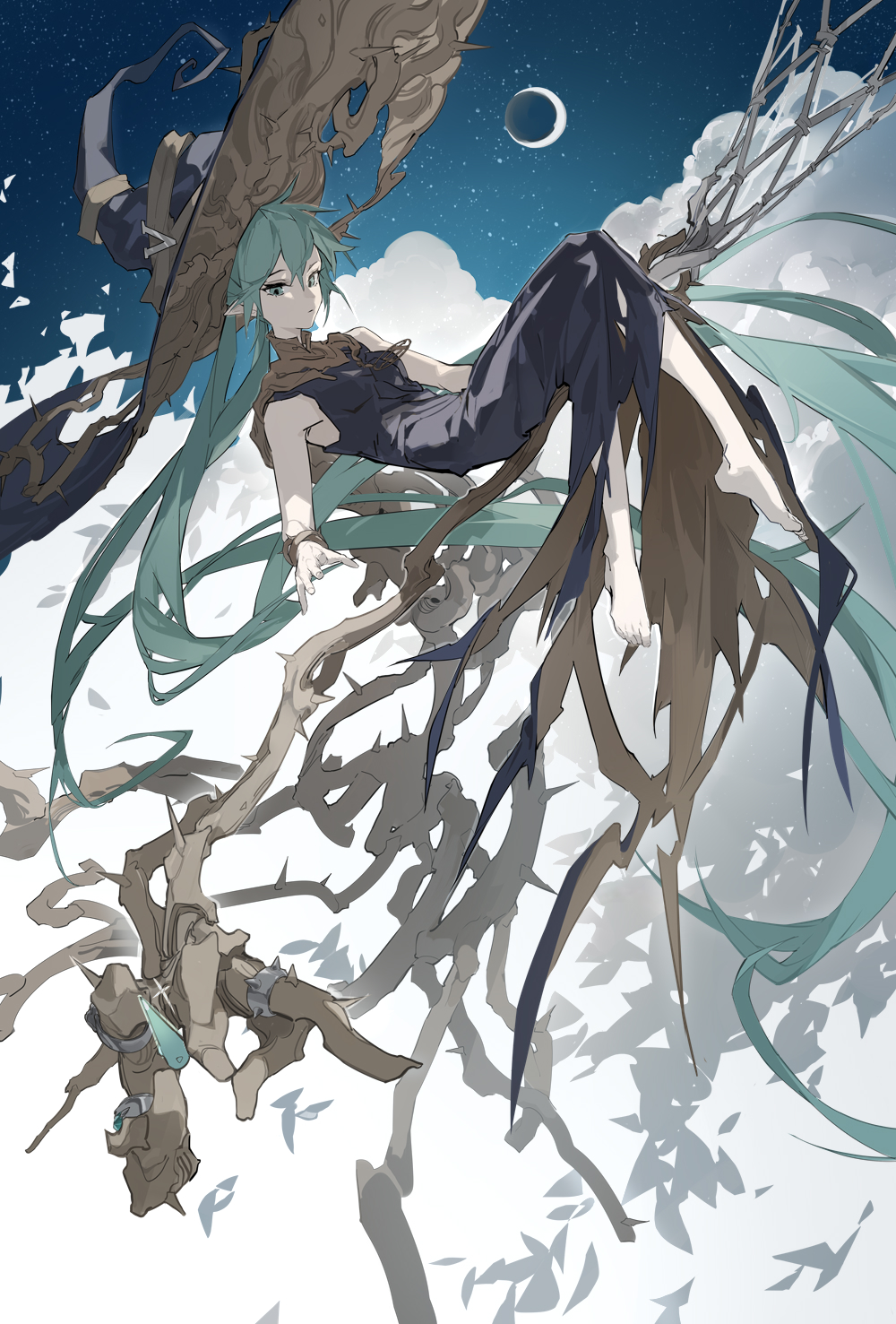 1girl absurdly_long_hair aqua_eyes aqua_hair bare_shoulders barefoot black_dress branch brown_cape cape closed_mouth clouds commentary crescent_moon dress floating hat hatsune_miku highres long_hair looking_at_viewer moon night nine_(liuyuhao1992) pointy_ears sky sleeveless sleeveless_dress solo star_(sky) starry_sky twintails very_long_hair vocaloid witch_hat
