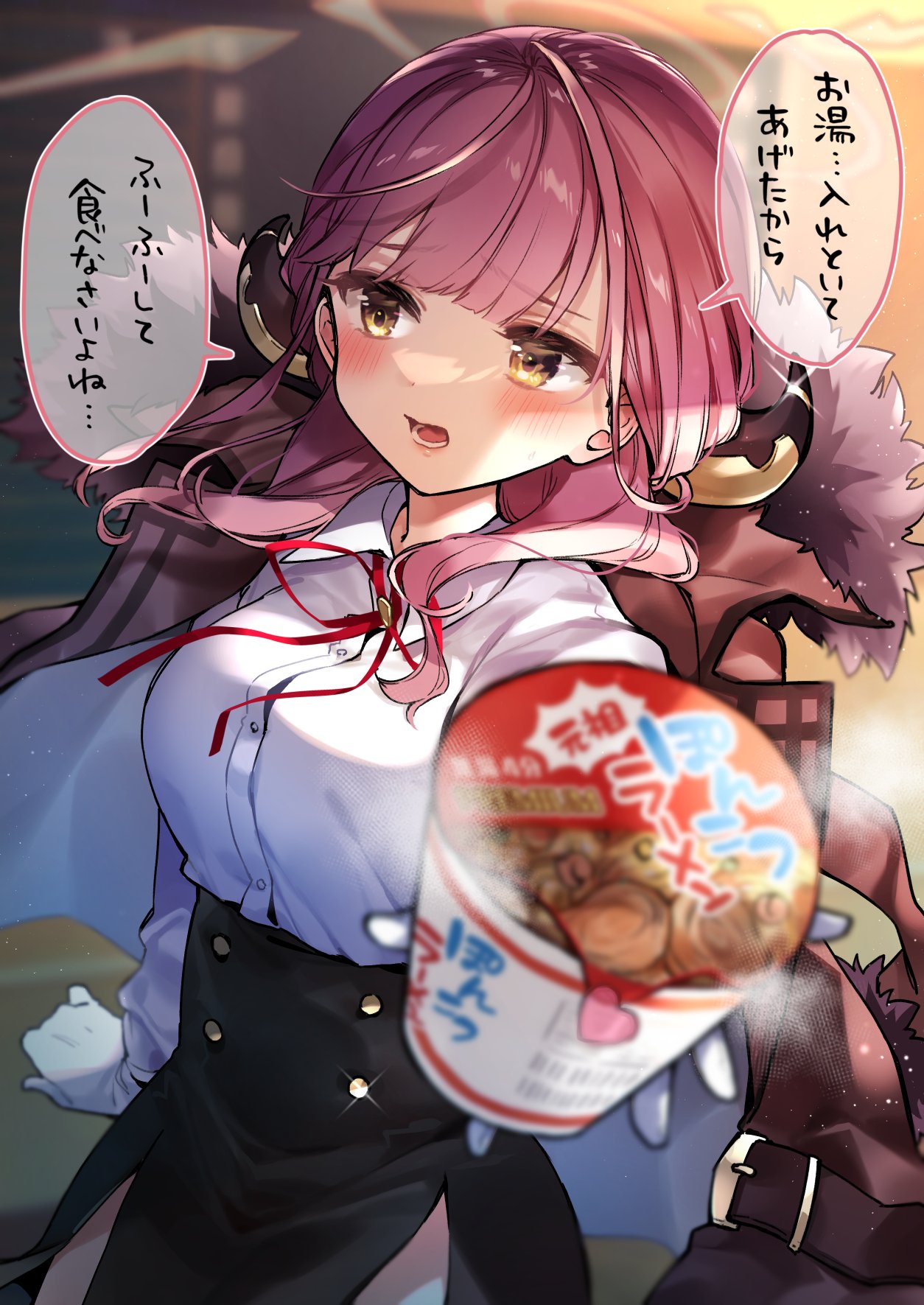 1girl aru_(blue_archive) black_skirt blue_archive blurry blurry_foreground blush breasts coat coat_on_shoulders collared_shirt food fur-trimmed_coat fur_trim gloves high-waist_skirt highres holding holding_food horns kurihara_sakura long_hair long_sleeves looking_at_viewer looking_to_the_side neck_ribbon open_mouth orange_eyes ramen red_coat red_ribbon redhead ribbon shirt skirt solo sparkle speech_bubble sweat translation_request white_gloves white_shirt
