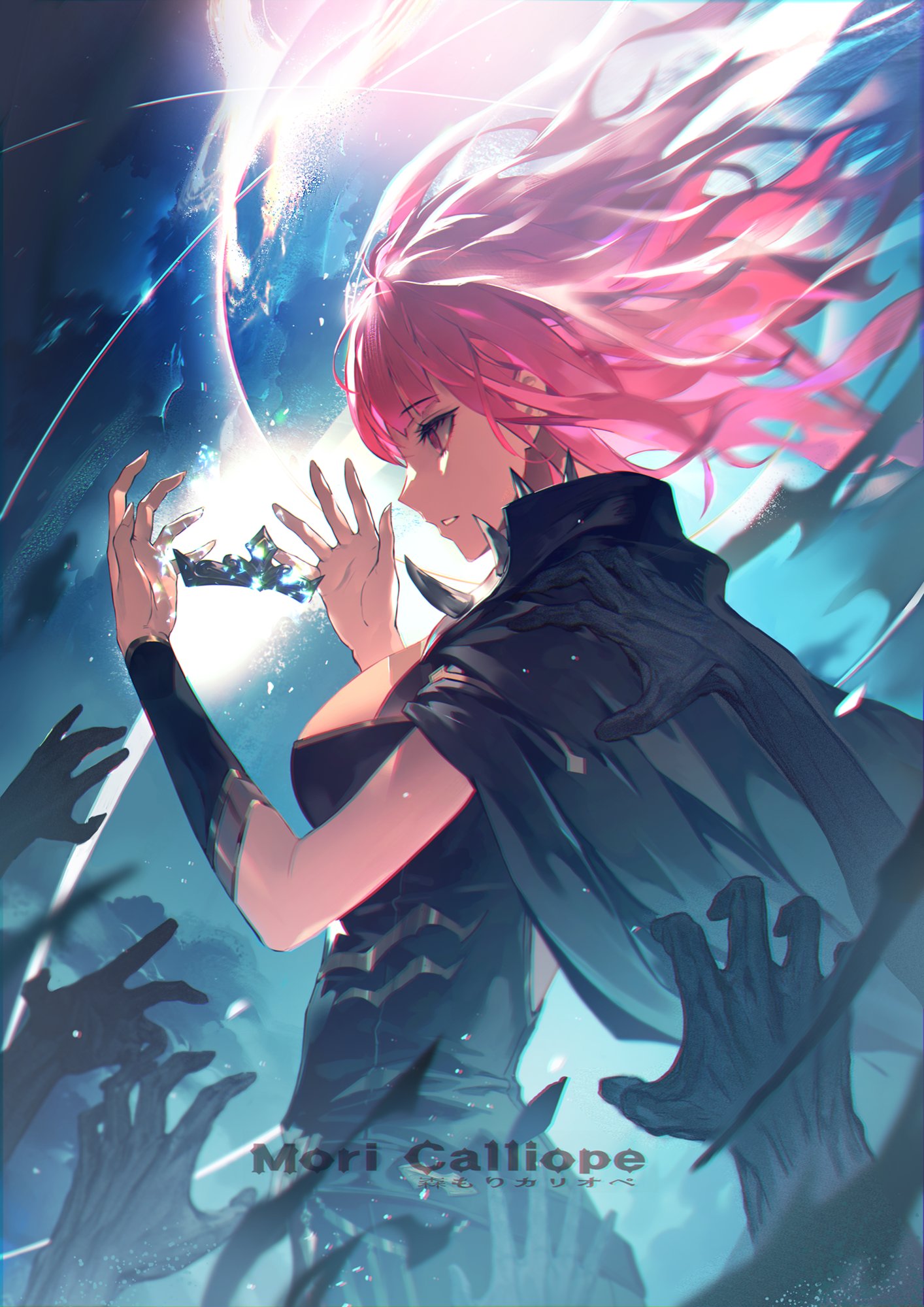 1girl black_cape black_dress blue_background breasts cape character_name collar detached_sleeves dress floating_cape floating_hair highres holding_tiara hololive hololive_english junghoonpic7777 large_breasts long_hair mori_calliope multiple_hands pink_eyes pink_hair shoulder_grab single_detached_sleeve spiked_collar spikes virtual_youtuber