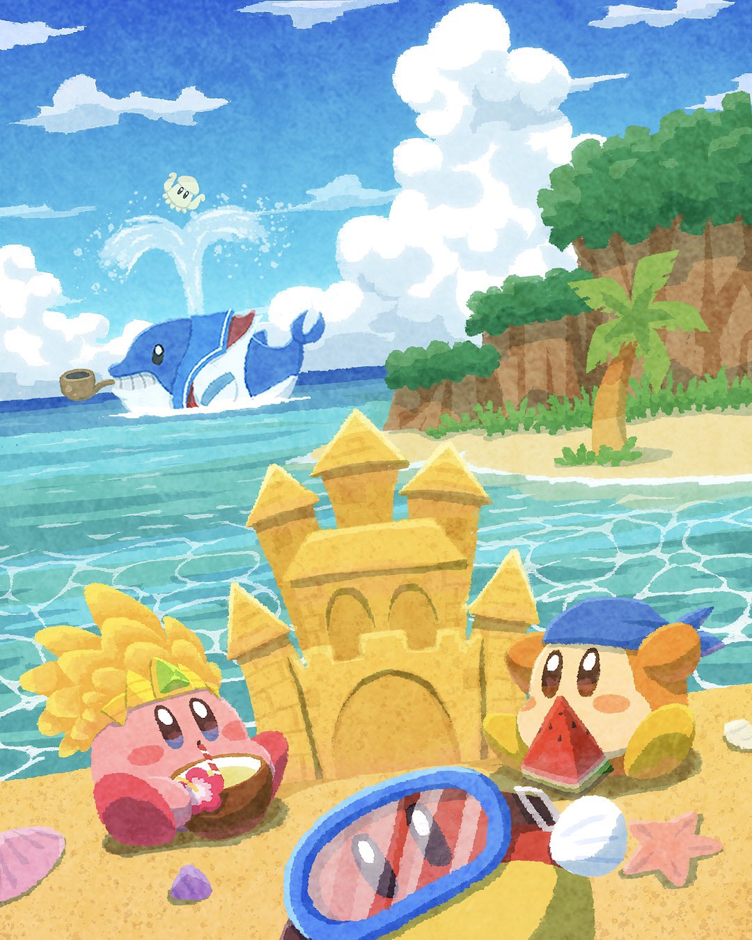 arms_up bandana bandana_waddle_dee beach blipper blowhole blue_bandana blue_eyes blue_sailor_collar blue_sky blush brown_eyes clouds cloudy_sky coconut coconut_cup commentary copy_ability crown day diving_mask drink drinking_straw english_commentary fatty_whale flower food fruit goggles grin highres horizon kirby kirby_(series) light_blush looking_at_viewer miclot neckerchief no_humans ocean on_ground outdoors palm_tree red_flower red_neckerchief sailor_collar sand sand_castle sand_kirby sand_sculpture scenery seashell shell sitting sky smile smoking_pipe squishy_(kirby) starfish teeth tree water watermelon watermelon_slice whale