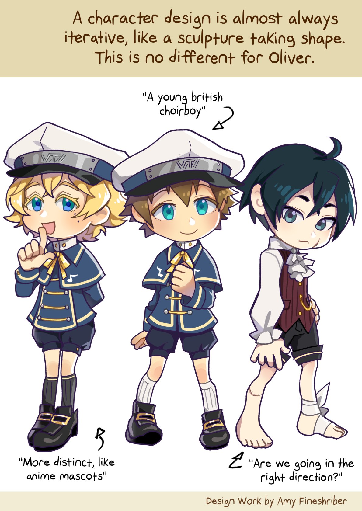 3boys ahoge alternate_design arrow_(symbol) artist_name bandaged_leg bandages barefoot black_footwear black_hair black_shorts black_socks blonde_hair blue_capelet blue_eyes blue_jacket blue_shorts brown_hair capelet commentary eighth_note english_commentary english_text finger_to_mouth full_body hat highres jabot jacket kneehighs lawlietlk letterboxed long_sleeves looking_at_viewer male_focus mole multiple_boys multiple_persona musical_note musical_note_print oliver_(vocaloid) open_mouth peaked_cap red_vest scar scar_on_face second-party_source shirt shorts simple_background smile socks standing stitched_leg stitches vest vocaloid white_background white_jabot white_shirt