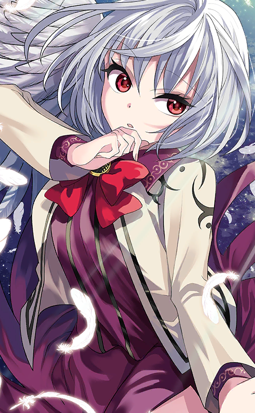 1girl black_gemstone blue_background bow bowtie brown_jacket collared_shirt eyelashes feathered_wings feathers floating gradient_background hand_on_own_chin jacket katayama_kei kishin_sagume long_sleeves miniskirt official_art open_clothes open_jacket open_mouth purple_shirt purple_skirt red_bow red_bowtie red_eyes shirt short_hair single_wing skirt sparkle striped striped_shirt third-party_source touhou touhou_cannonball vertical-striped_shirt vertical_stripes white_hair white_wings wings