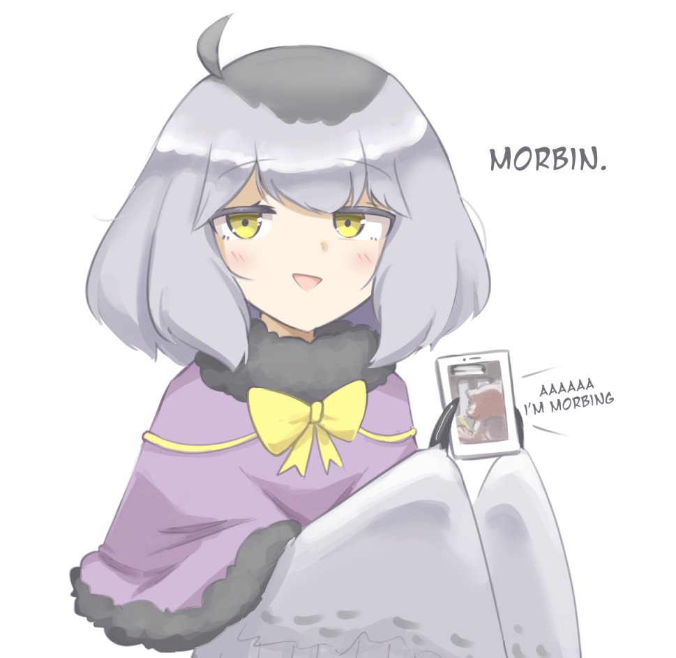 1girl ahoge blush capelet cellphone claws commentary english_commentary english_text feathered_wings grey_feathers grey_hair grey_wings harpy holding holding_phone it's_morbin'_time_(meme) looking_at_viewer medium_hair meme mono_(sifserf) monster_girl open_mouth original owl_girl phone purple_capelet sifserf smartphone white_background winged_arms wings yellow_eyes