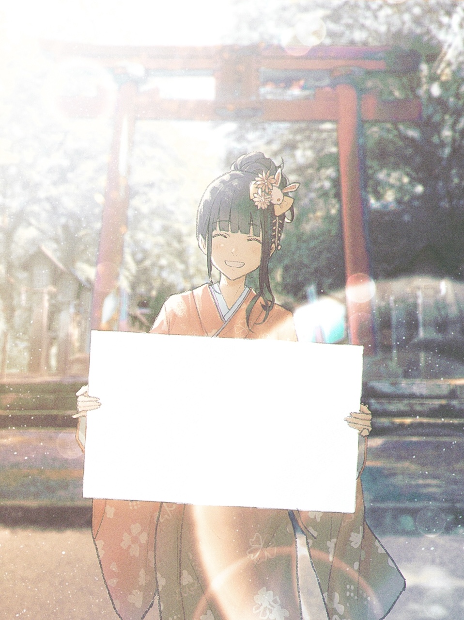 1girl architecture black_hair blunt_bangs blush closed_eyes day east_asian_architecture facing_viewer feet_out_of_frame floral_print grin hair_bun hair_ornament highres holding holding_sign japanese_clothes kanzashi kimono lantern lens_flare long_bangs long_hair long_sleeves nature oka_kojiro open_mouth orange_kimono original outdoors print_kimono sidelocks sign smile solo stairs teeth textless_version torii tree wide_sleeves wooden_lantern