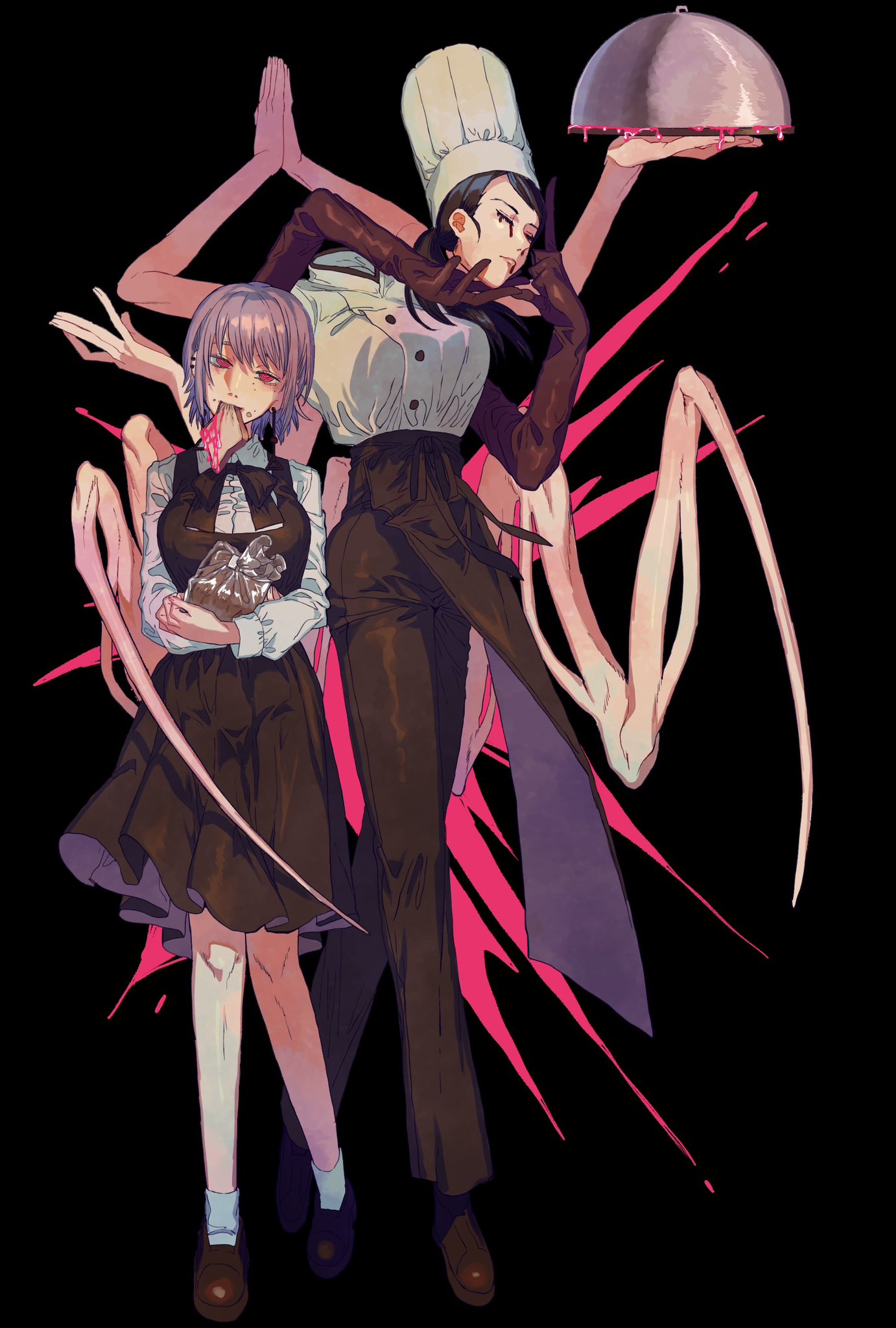 2girls apron arthropod_limbs black_apron black_background black_gloves black_hair blood blood_drip blood_from_eyes blood_from_mouth breasts chainsaw_man chef chef_hat disembodied_head dress earrings elbow_gloves facing_away falling_devil_(chainsaw_man) fami_(chainsaw_man) flat_top_chef_hat food food_in_mouth fourth_east_high_school_uniform gloves grey_hair hat highres holding holding_head holding_tray jewelry large_breasts loaf_of_bread long_arms looking_at_viewer medium_breasts medium_hair mole mole_on_cheek mole_under_eye mole_under_mouth mouth_hold multiple_girls multiple_moles nosebleed own_hands_together pinafore_dress pointing pointing_up ringed_eyes school_uniform serving_dome severed_head short_hair simple_background sleeveless sleeveless_dress tassel tassel_earrings toast toast_in_mouth tray waist_apron yumekaki787