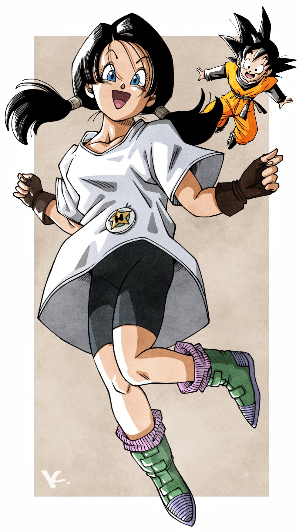 1boy 1girl ankle_boots belt bike_shorts black_belt black_gloves black_hair blue_eyes boots border collarbone commentary_request dougi dragon_ball dragon_ball_z fingerless_gloves floating floating_hair full_body gloves green_footwear highres kakeru_(dbskakeru) long_hair looking_at_viewer low_twintails male_child open_mouth orange_pants outside_border oversized_clothes oversized_shirt pants purple_socks shirt short_sleeves signature smile socks son_goten spandex spiky_hair toriyama_akira_(style) twintails videl white_border white_shirt
