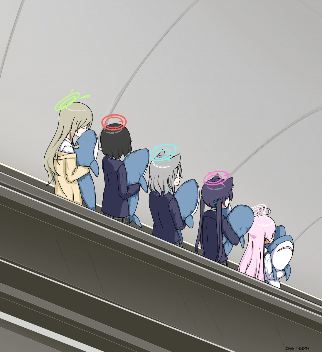 5girls ahoge animal_ears ayane_(blue_archive) black_hair blue_archive blue_jacket cat_ears collared_shirt commentary_request escalator foreclosure_task_force_(blue_archive) grey_hair halo highres holding holding_stuffed_toy hoshino_(blue_archive) jacket multiple_girls nonomi_(blue_archive) photo-referenced pink_hair plaid plaid_skirt pleated_skirt pointy_ears school_uniform serika_(blue_archive) shiroko_(blue_archive) shirt short_hair skirt smile standing stuffed_animal stuffed_shark stuffed_toy twintails twitter_username white_shirt wolf_ears yellow_jacket yukko_(hcryh955)