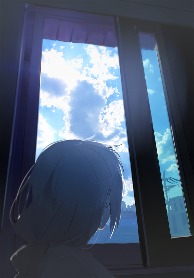 1girl backlighting bloom blue_sky braid clouds cloudy_sky commentary day facing_away facing_to_the_side from_below from_side grey_hair indoors kizuna_akari long_hair looking_outside open_window photo_background portrait shirt sky solo sunlight v_cho3 vocaloid voiceroid white_shirt window