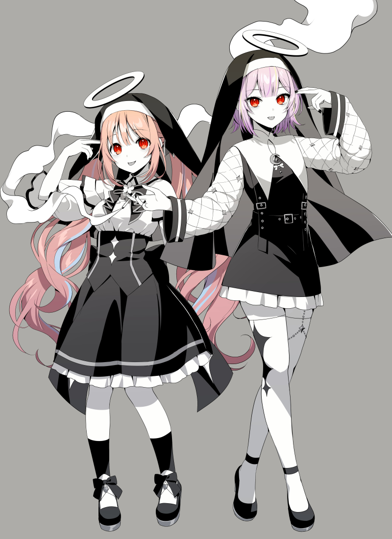 2girls :p black_dress black_footwear black_skirt breasts brown_hair commentary_request copyright_request crescent dress frilled_skirt frills grey_background halo kamippoina_(vocaloid) long_sleeves medium_breasts momoshiki_tsubaki multiple_girls nun official_art pale_skin pink_hair red_eyes shirt shoes simple_background skirt sleeves_past_wrists thigh-highs tongue tongue_out veil virtual_youtuber white_shirt white_thighhighs wide_sleeves