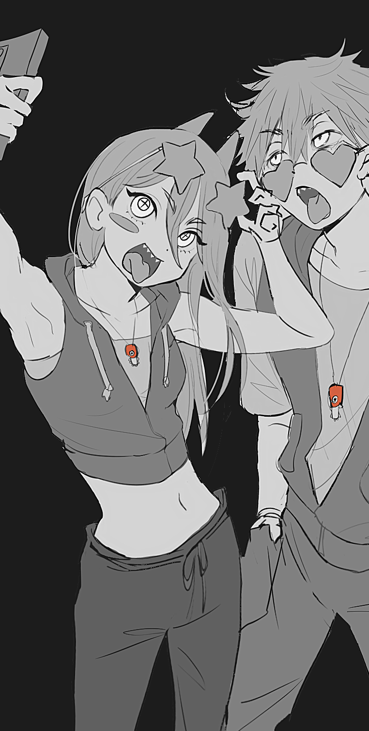 1boy 1girl chainsaw_man crop_top cross-shaped_pupils denji_(chainsaw_man) grey_background greyscale hair_between_eyes heart heart-shaped_eyewear highres holding holding_phone hood hoodie horns long_hair looking_at_object looking_up midriff monochrome open_mouth phone pochita_(chainsaw_man) power_(chainsaw_man) sharp_teeth short_hair simple_background sleeveless sleeveless_hoodie spot_color star-shaped_eyewear symbol-shaped_pupils taking_picture teeth tongue tongue_out zemzk