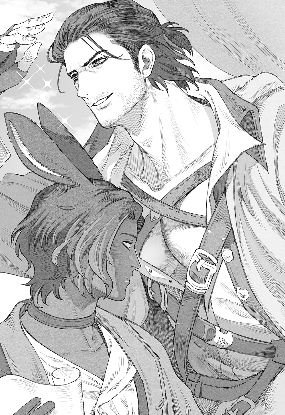 2boys adventurer_(ff14) animal_ears beard_stubble blank_stare character_request chest_harness final_fantasy_xiv_dawntrail from_side greyscale hair_slicked_back harness highres large_pectorals long_sideburns looking_at_pectorals male_focus mature_male medium_hair meia_(dokiryuki) monochrome multiple_boys mustache_stubble pectoral_cleavage pectorals rabbit_ears scar scar_across_eye sideburns smile sparkling_aura thick_eyebrows upper_body warrior_of_light_(ff14)