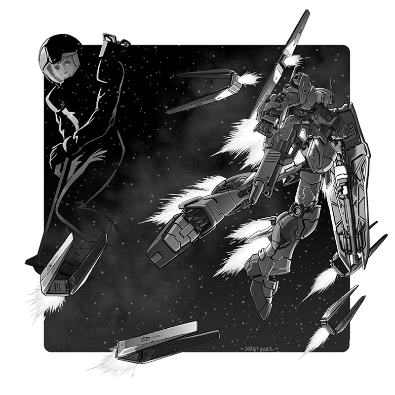 1980s_(style) 1boy aged_up amuro_ray beam_rifle bit_(gundam) char's_counterattack drone energy_gun english_commentary gundam helmet ink_(medium) jeff_sorley looking_at_viewer mecha mobile_suit monochrome nebula nu_gundam retro_artstyle robot scan science_fiction shield space spacesuit starry_background thrusters traditional_media weapon western_comics_(style) zero_gravity