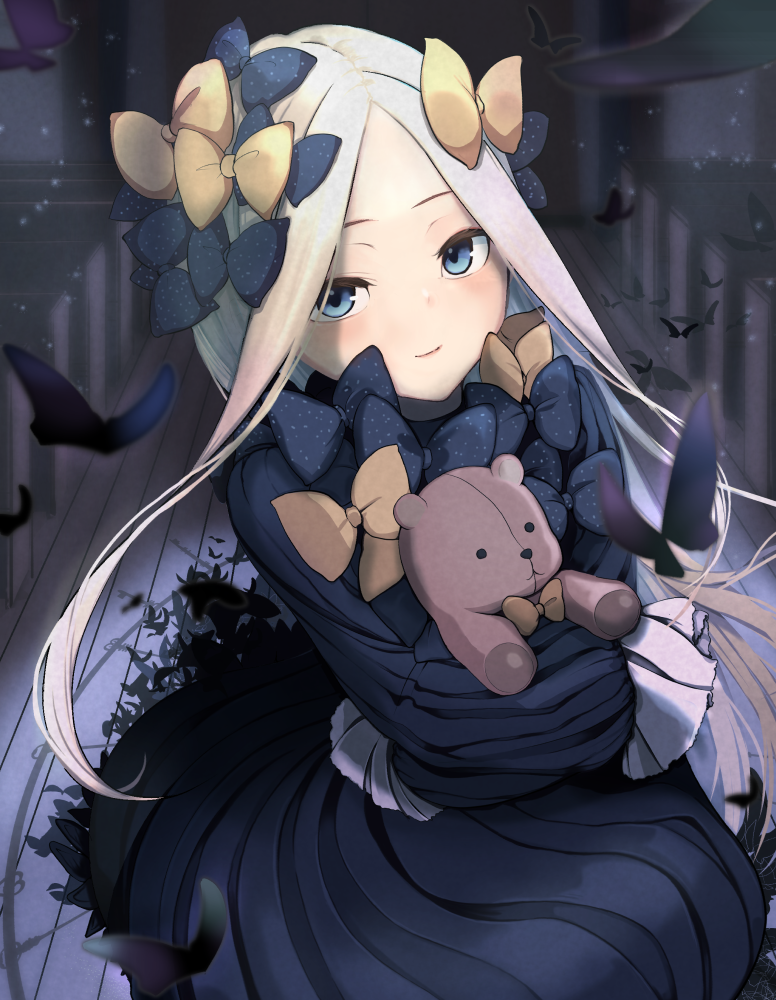 1girl abigail_williams_(fate) black_bow black_butterfly black_dress blonde_hair blue_eyes blush bow bug butterfly dress fate/grand_order fate_(series) forehead hair_bow holding holding_stuffed_toy indoors long_hair looking_at_viewer multiple_hair_bows orange_bow parted_bangs polka_dot polka_dot_bow sleeves_past_fingers sleeves_past_wrists smile solo stuffed_animal stuffed_toy tachikawa_nanagatsu teddy_bear upper_body