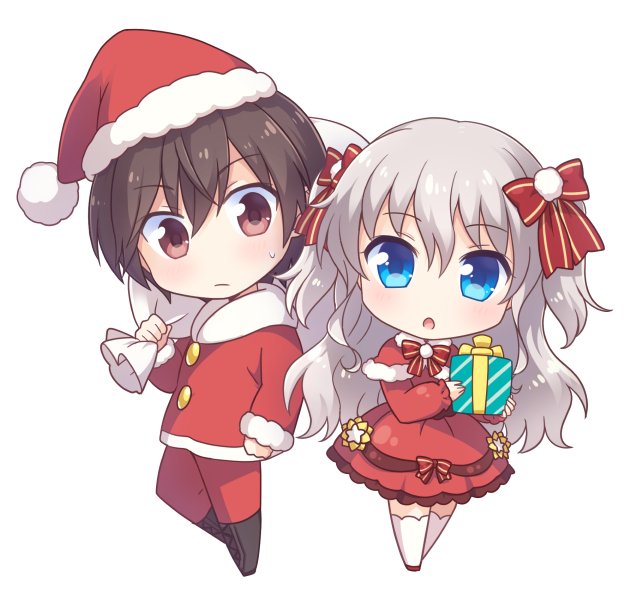 1boy 1girl bag black_thighhighs blue_eyes blush bow box brown_eyes brown_hair capelet charlotte_(anime) chibi christmas commentary_request crossed_bangs dress dress_bow frilled_dress frills fur-trimmed_capelet fur_trim gift gift_bag gift_box grey_hair hair_between_eyes hair_bow hat hetero holding holding_bag holding_gift kousetsu long_hair looking_at_viewer open_mouth otosaka_yuu pom_pom_(clothes) red_bow santa_capelet santa_costume santa_dress santa_hat short_hair sidelocks simple_background star_ornament sweatdrop thigh-highs tomori_nao two_side_up wavy_hair white_background