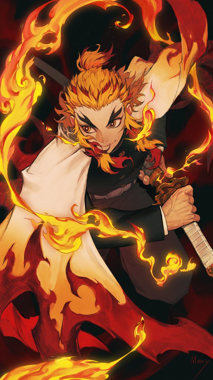 1boy artist_name belt black_jacket black_pants blonde_hair cape closed_mouth commission demon_slayer_uniform fighting_stance fire forked_eyebrows gradient_background highres holding holding_sword holding_weapon incoming_attack jacket kimetsu_no_yaiba light_particles long_hair long_sleeves looking_to_the_side male_focus morry multicolored_eyes multicolored_hair pants red_eyes rengoku_kyoujurou sheath shirt smile solo standing streaked_hair sword thick_eyebrows two-tone_hair uniform unsheathing veins veiny_hands weapon white_belt white_cape white_shirt yellow_eyes