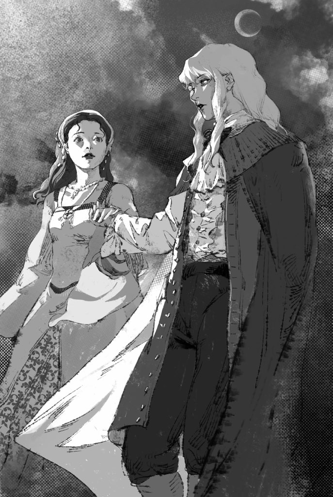 1boy 1girl aizheajsee androgynous arm_at_side ascot berserk boots breasts center_frills charlotte_(berserk) cloak closed_mouth crescent earrings formal frills from_side greyscale griffith_(berserk) hairband hand_up holding_hands jewelry lipstick long_hair long_sleeves looking_at_another looking_to_the_side makeup mixed-language_commentary monochrome necklace pants profile shirt sidelocks small_breasts standing wavy_hair