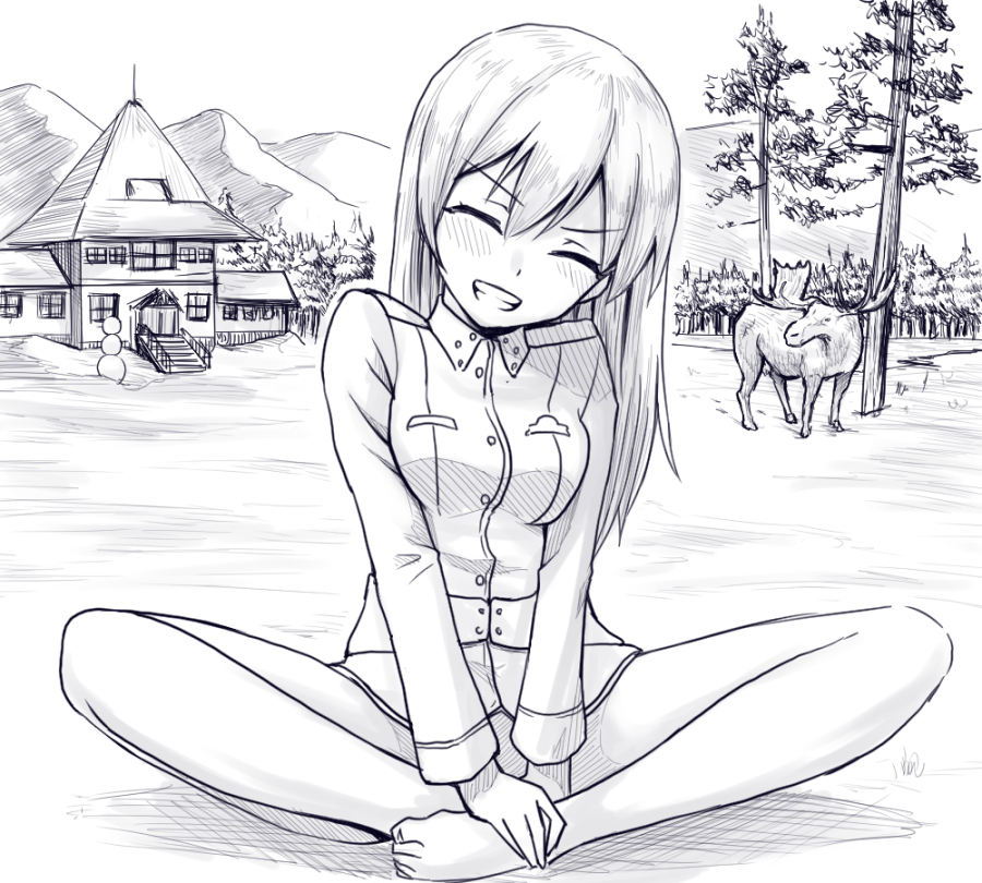 1girl blush breasts closed_mouth eila_ilmatar_juutilainen greyscale grin house liar_lawyer long_hair monochrome moose outdoors sitting small_breasts smile solo strike_witches world_witches_series
