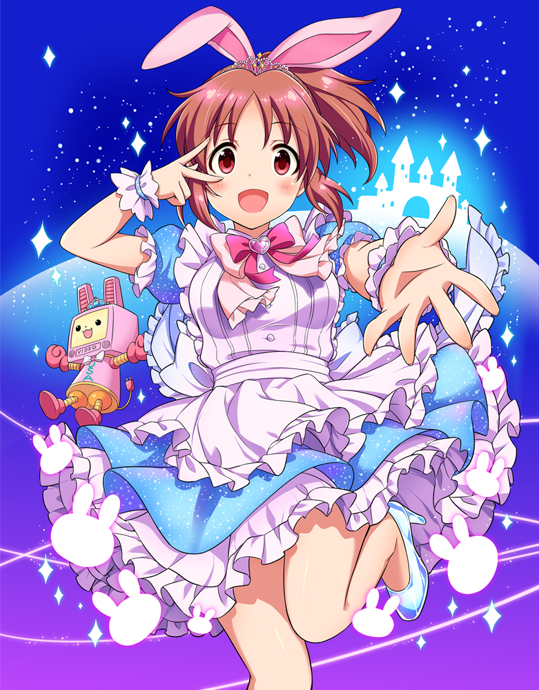 1girl :d abe_nana animal_ears apron blue_dress blush bow bowtie breasts brooch brown_eyes brown_hair castle dot_nose dress fake_animal_ears frilled_apron frilled_dress frills glass_slipper gradient_background heart heart_brooch idolmaster idolmaster_cinderella_girls idolmaster_cinderella_girls_starlight_stage jewelry leg_up looking_at_viewer medium_breasts open_hand open_mouth pink_bow pink_bowtie ponytail rabbit rabbit_ears reaching reaching_towards_viewer robot ruo_(cruzada) scrunchie short_hair short_sleeves silhouette smile solo sparkle standing standing_on_one_leg tiara usa-chan_robot_(idolmaster) v waist_bow white_apron white_bow wrist_scrunchie