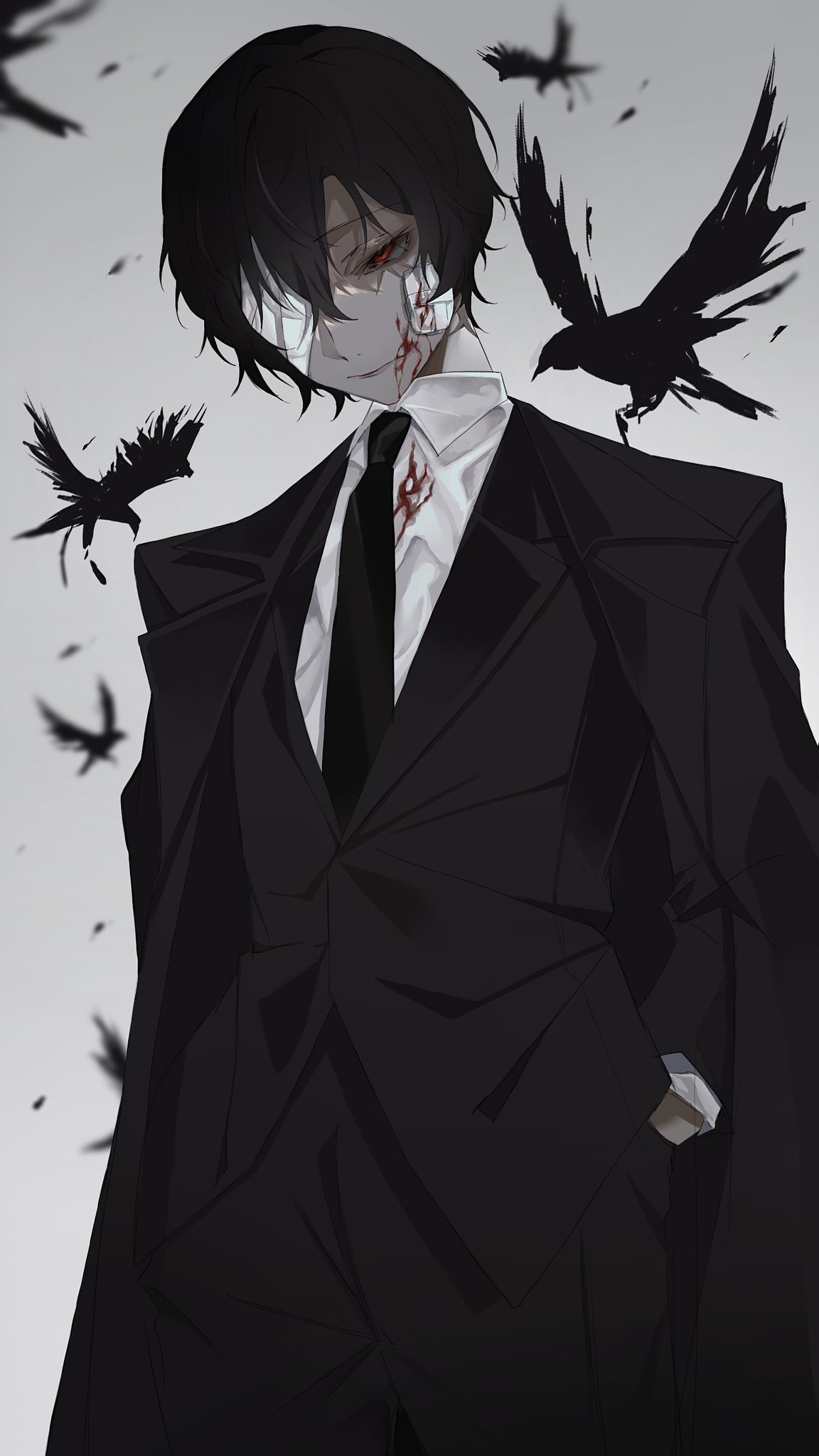 1boy animal bandage_on_face bandage_over_one_eye bandages bandaid bandaid_on_cheek bandaid_on_face bird black_hair black_jacket black_necktie black_pants black_suit blood blood_on_clothes blood_on_face bungou_stray_dogs closed_mouth collared_shirt crow dazai_osamu_(bungou_stray_dogs) expressionless grey_background hair_between_eyes hand_in_pocket highres jacket long_sleeves mafia male_focus necktie pants red_eyes shirt short_hair sidelocks simple_background solo standing suit user_wjpu7573 white_shirt