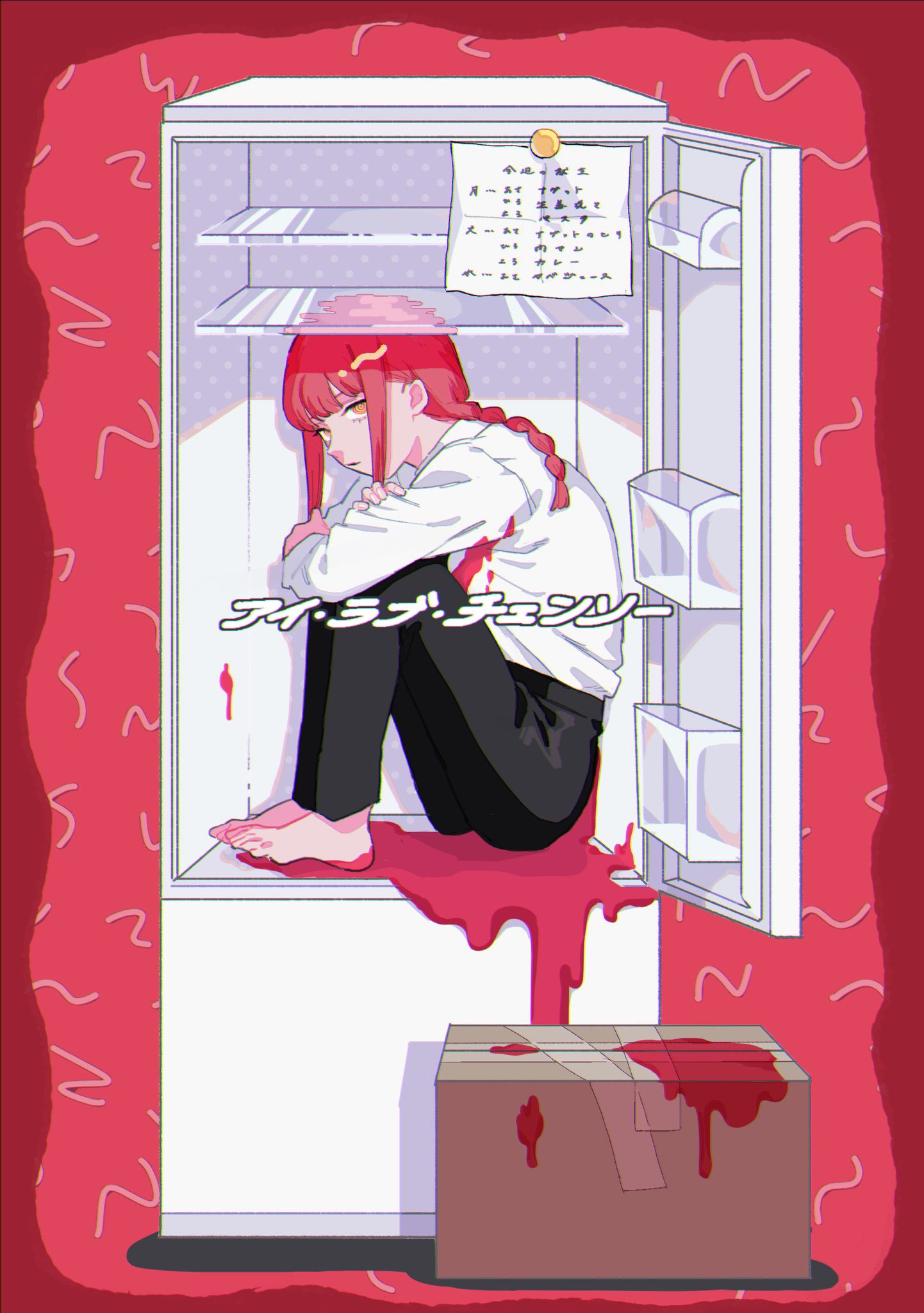 1girl barefoot black_necktie black_pants blood blood_on_clothes box braid braided_ponytail cardboard_box chainsaw_man collared_shirt happa_mochii highres hugging_own_legs in_container in_refrigerator looking_at_viewer makima_(chainsaw_man) medium_hair necktie pants red_theme redhead refrigerator ringed_eyes shirt shirt_tucked_in sidelocks sideways_glance solo white_shirt yellow_eyes