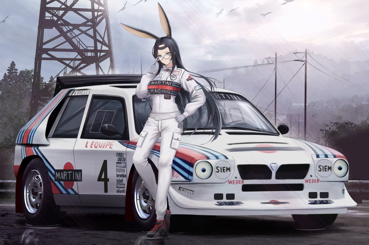 1girl alternate_costume animal_ears azur_lane car commission full_body glasses kcar66t lancia_(brand) lancia_delta_s4 long_hair motor_vehicle product_placement rabbit_ears race_vehicle racecar racing_suit rally_car road second-party_source souryuu_(azur_lane)