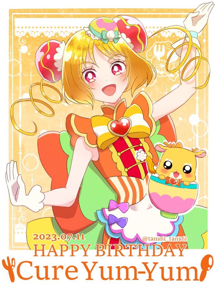 1girl apron back_bow blonde_hair bow brooch bun_cover character_name cure_yum-yum dated delicious_party_precure double_bun dress earrings gloves hair_bun hanamichi_ran heart heart_brooch huge_bow jewelry long_hair looking_at_viewer magical_girl mem-mem_(precure) open_mouth orange_dress precure red_eyes smile tanshi_tanshi triple_bun twitter_username white_gloves white_stripes