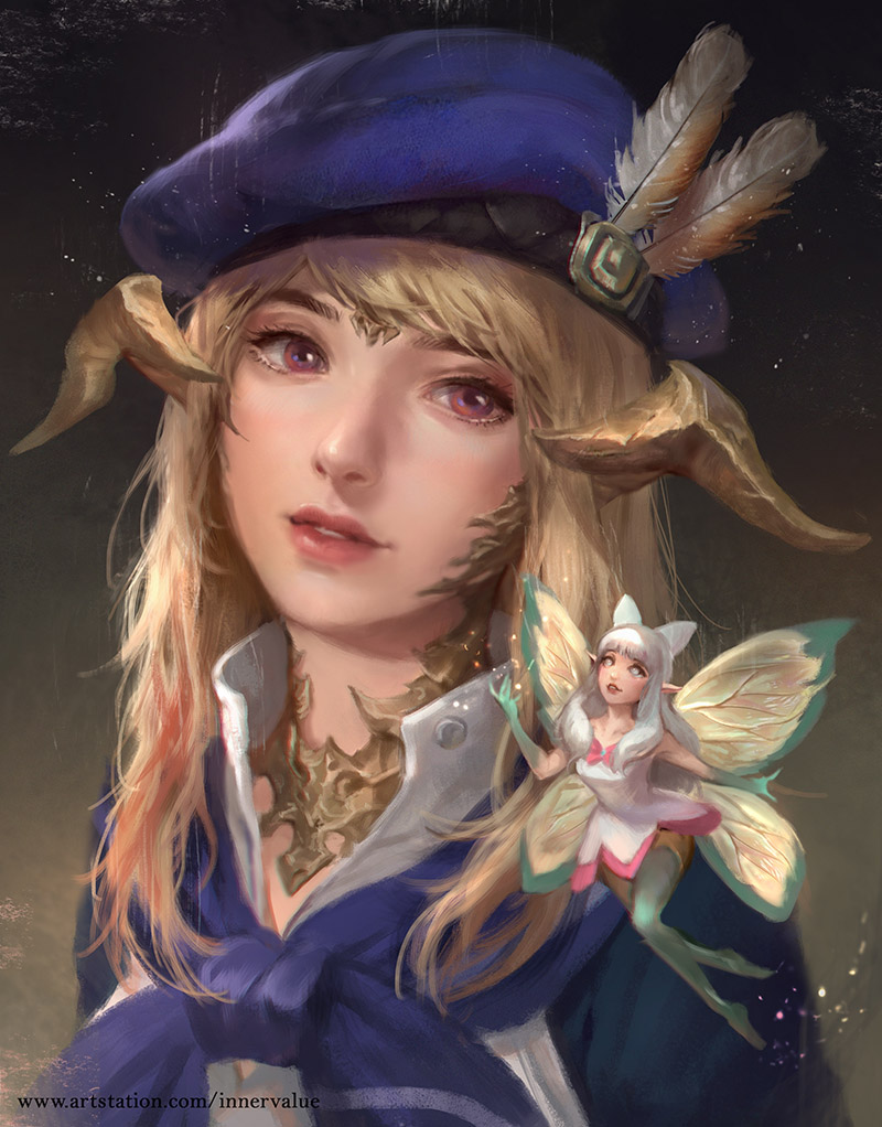 1girl \||/ au_ra beret blonde_hair blue_headwear brown_background commentary commission dark_background english_commentary eos_(ff14) fairy final_fantasy final_fantasy_xiv floating gradient_background hat hat_feather head_tilt horns light_particles light_smile long_hair looking_at_viewer maerel_hibadita mini_person minigirl nose pantyhose parted_lips pointy_ears realistic scholar_(final_fantasy) simple_background solo swept_bangs teeth upper_body violet_eyes warrior_of_light_(ff14)