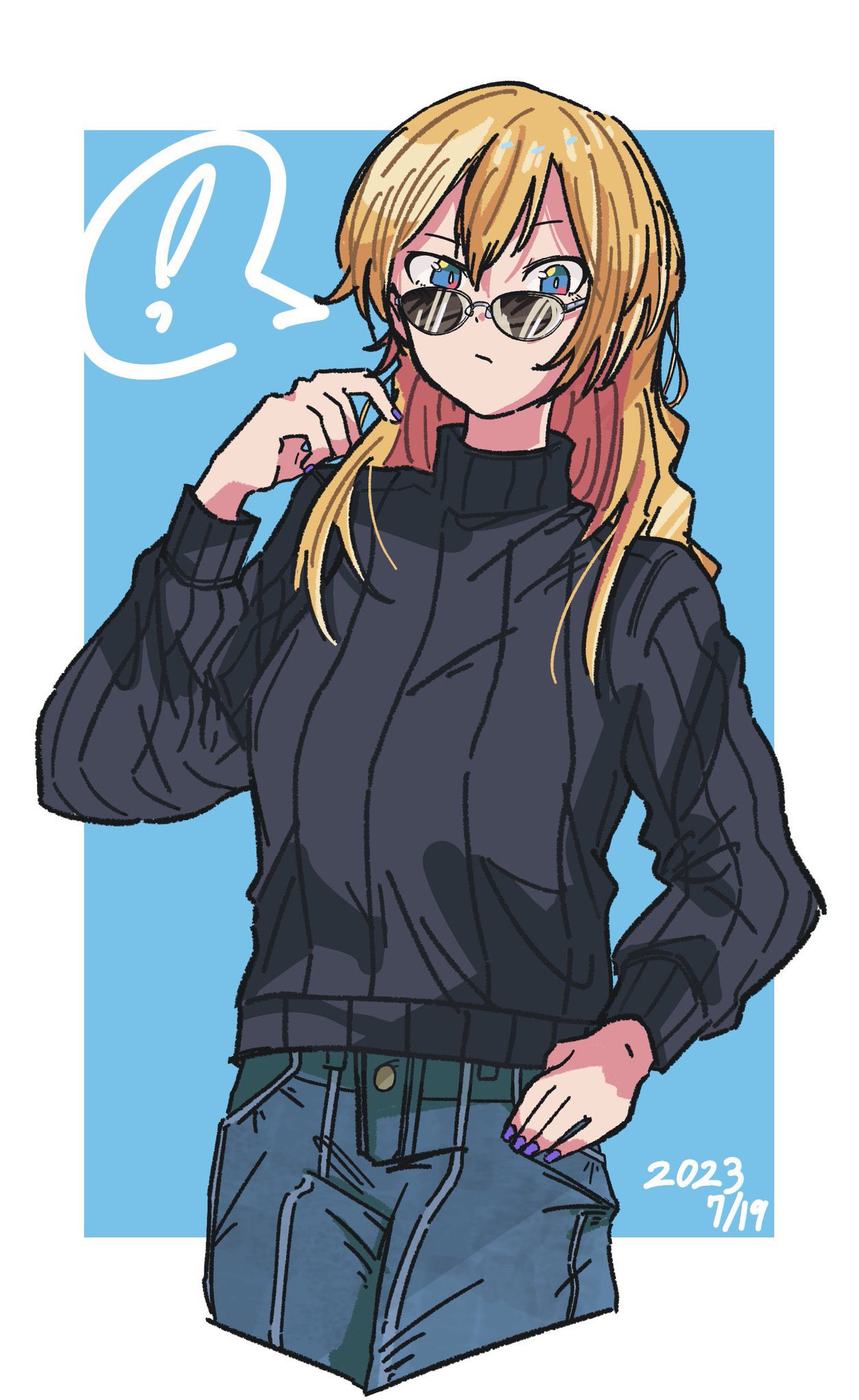 ! 1girl :/ alternate_costume alternate_hairstyle black_sweater blonde_hair blue_background blue_eyes border casual darjeeling_(girls_und_panzer) dated denim desuwadesun0 girls_und_panzer glasses hair_down hand_on_own_hip highres jeans long_hair long_sleeves looking_at_viewer looking_over_eyewear nail_polish pants purple_nails ribbed_sweater round_eyewear simple_background solo solo_focus sunglasses sweater turtleneck turtleneck_sweater white_border