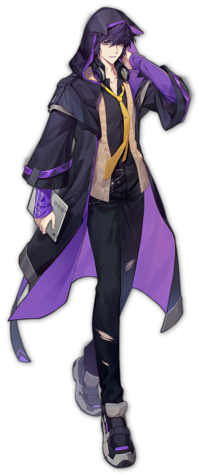 1boy artist_request black_pants cloak full_body headphones headphones_around_neck highres holding holding_tablet_pc hood hood_up hooded_cloak ling_(mahjong_soul) long_sleeves looking_at_viewer mahjong_soul male_focus necktie official_art pants purple_hair simple_background solo standing tablet_pc tachi-e torn_clothes transparent_background vest yellow_necktie yellow_vest