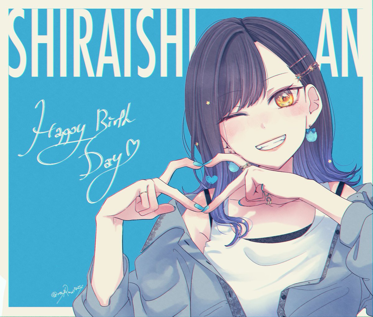 1girl aqua_nails black_hair blue_sky blush border camisole character_name commentary earrings finger_heart fingernails gradient_hair hair_ornament hairclip happy_birthday heart jewelry long_hair long_sleeves looking_at_viewer multicolored_hair one_eye_closed orange_eyes project_sekai reyravi1024 shiraishi_an sky sleeves_past_elbows smile solo teeth twitter_username upper_teeth_only white_camisole