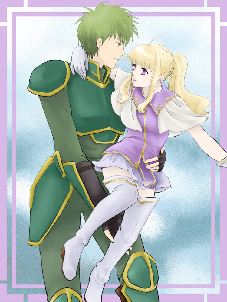 1boy 1girl arm_around_neck blonde_hair boots bridal_gauntlets carrying clarine_(fire_emblem) fingerless_gloves fire_emblem fire_emblem:_the_binding_blade gloves green_armor green_hair lance_(fire_emblem) looking_at_another open_mouth suzu007 thigh_boots violet_eyes white_footwear