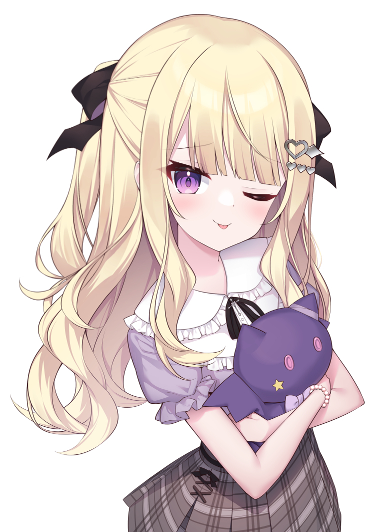 1girl ;p ariel23795 black_bow blonde_hair bow brown_skirt hair_bow hair_ornament heart heart_hair_ornament holding holding_stuffed_toy long_hair one_eye_closed purple_shirt re:act shirt simple_background skirt solo stuffed_bat stuffed_toy tongue tongue_out tsukushi_aria violet_eyes virtual_youtuber white_background