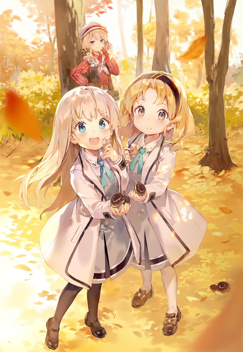 3girls :d autumn_leaves belt black_footwear black_pantyhose blonde_hair blue_eyes blush character_request cover cover_page day dress gilse gloves hand_up hat long_sleeves multiple_girls mushroom novel_cover outdoors pantyhose pinafore_dress red_shirt shirt sleeveless sleeveless_dress smile tearmoon_teikoku_monogatari white_pantyhose